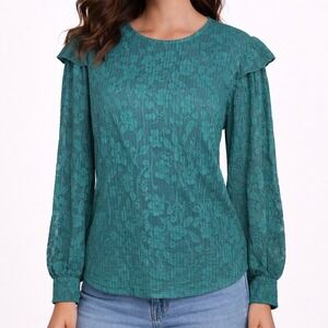 Brea Canyon Sheer Lace Floral Ruffle Blouse Women M Romantic Elegant